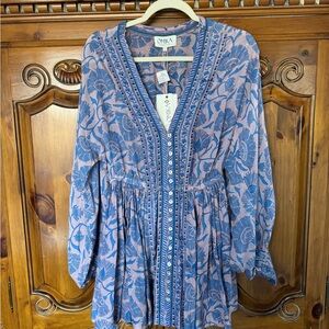 Omika Blue Floral Button-Front Long Sleeve Dress